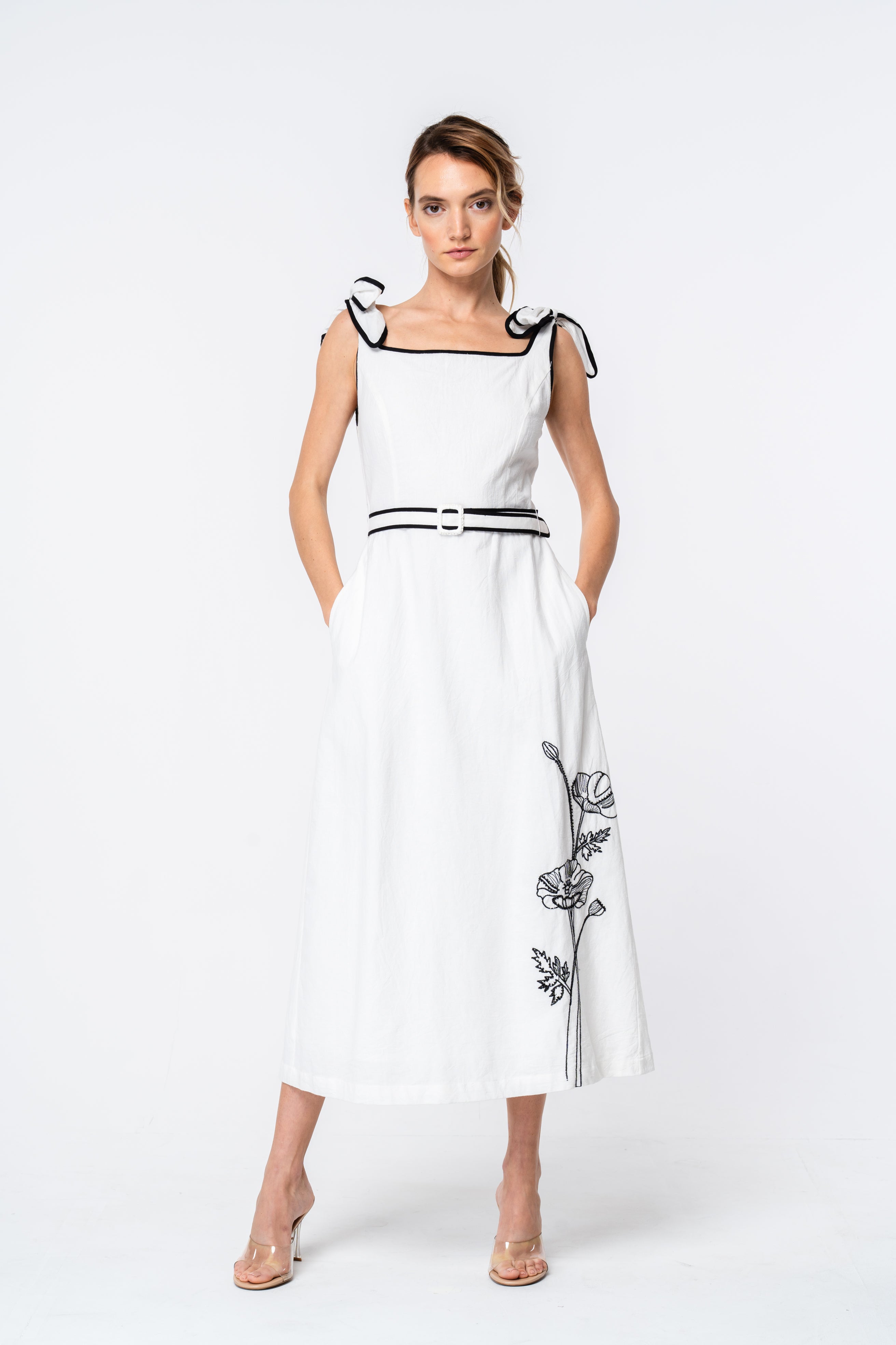 Image of Paola Embroidered Shoulder Tie Midi Dress