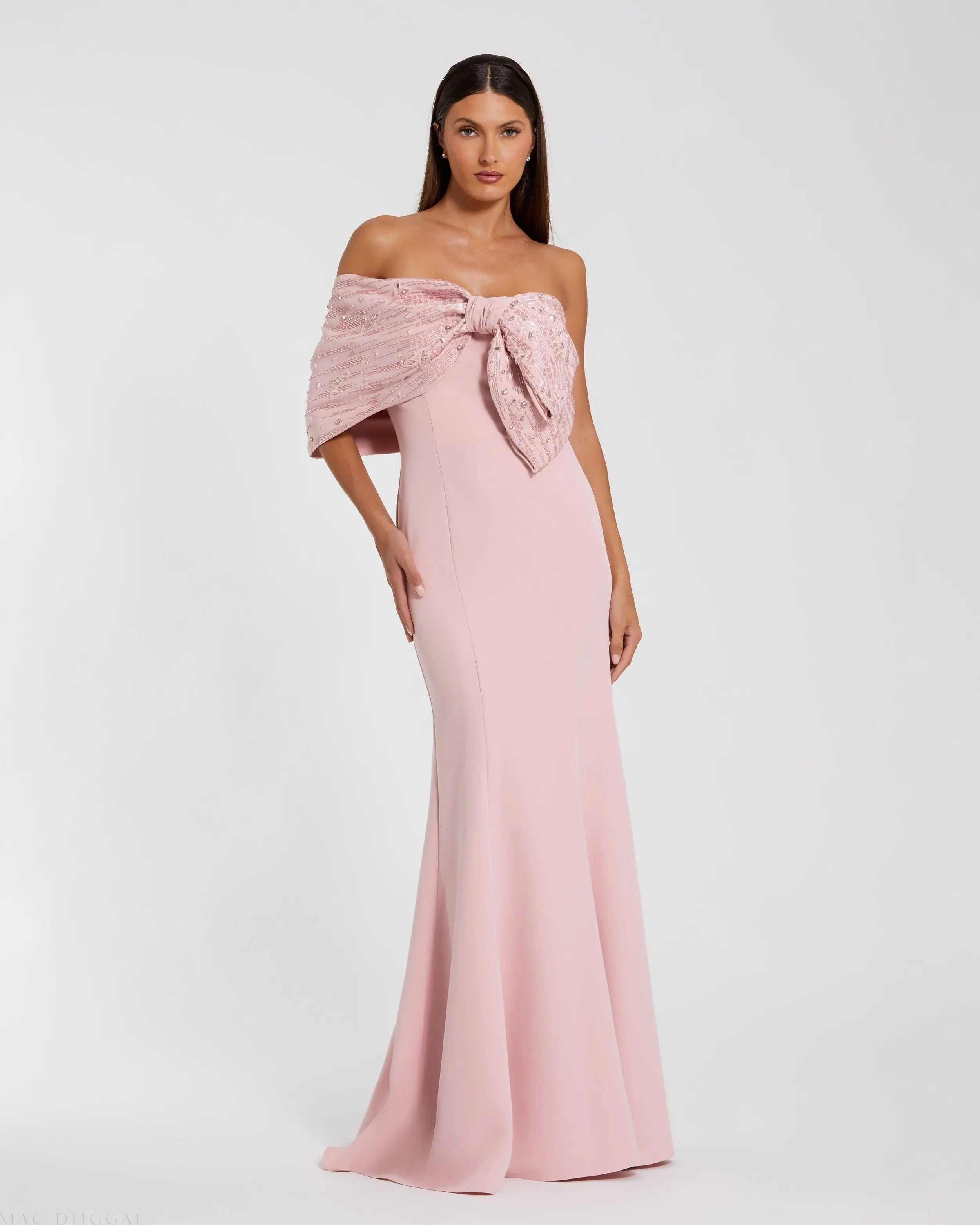 Image of Pink Beaded Off-the-Shoulder Satin Trumpet Gown