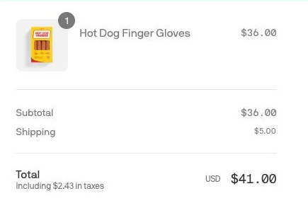 order summary receipt showing the purchased hot dog finger gloves