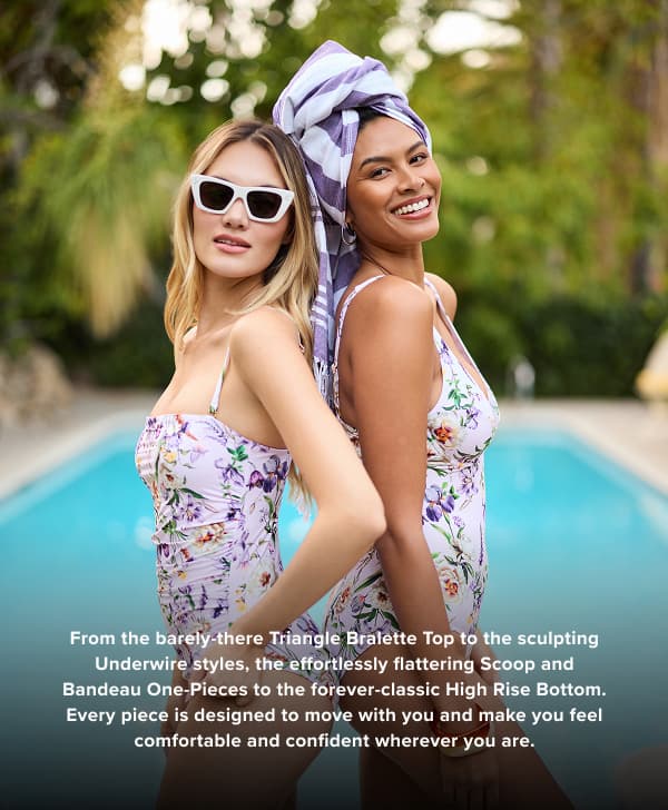 an image of two women in swimsuits standing next to a pool