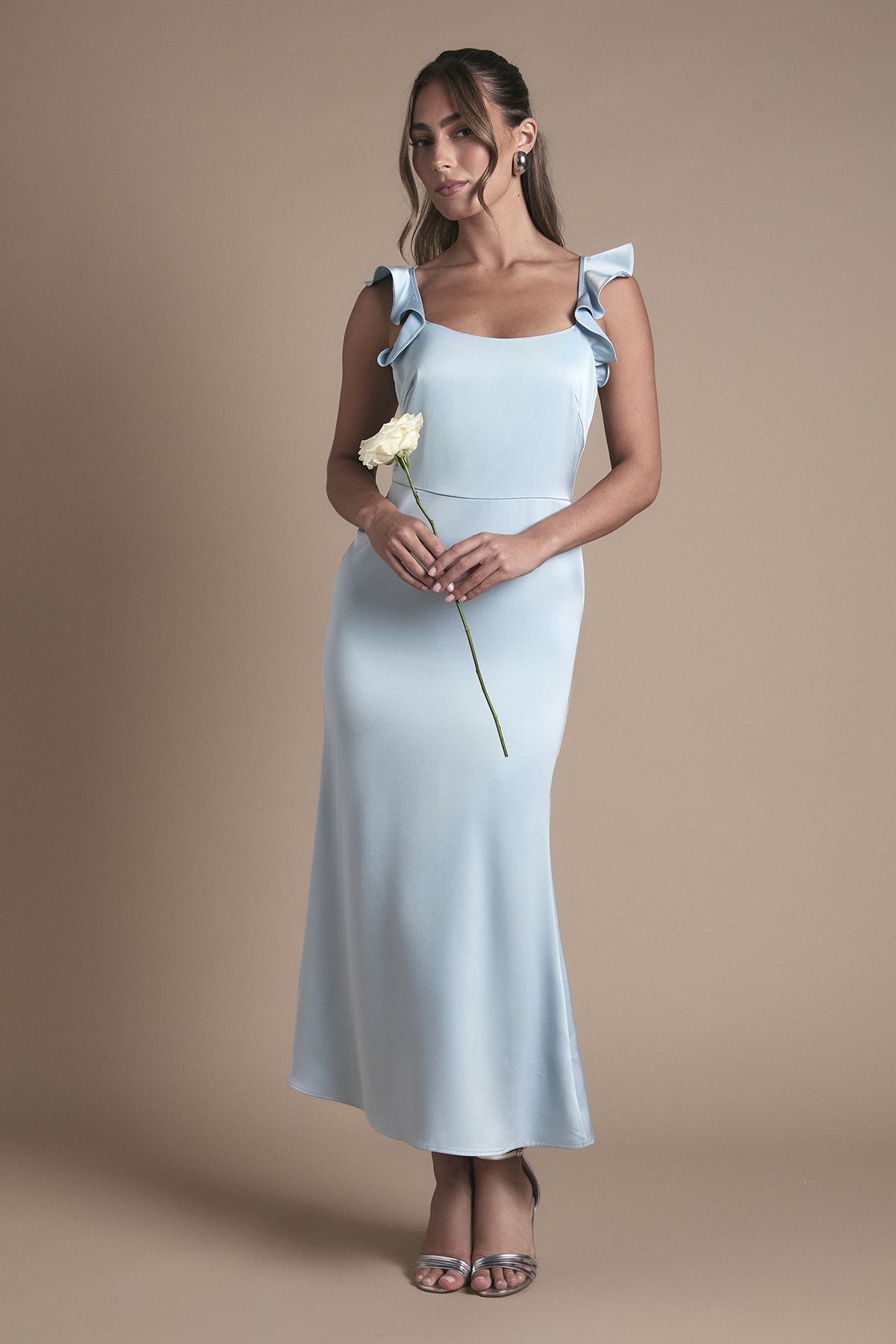 Oasis by Coast Ruffle Square Neck Satin Bridesmaid Midi Dress