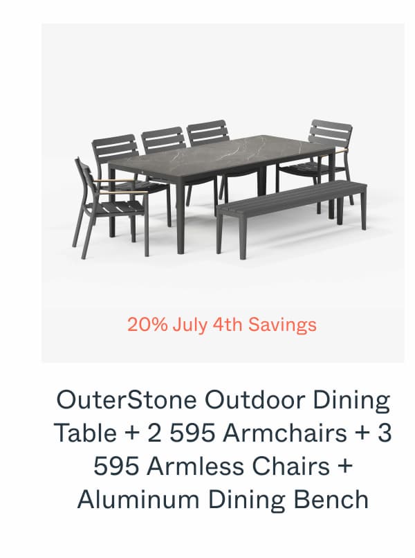 OuterStone Outdoor Dining Table + 2 595 Armchairs + 3 595 Armless Chairs + Aluminum Dining Bench
