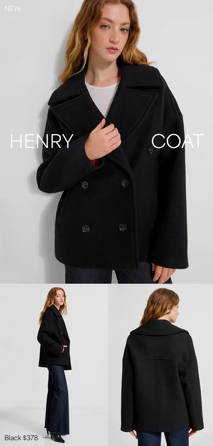 Sophie wears The Henry Coat, shown from the front, side, and back views.