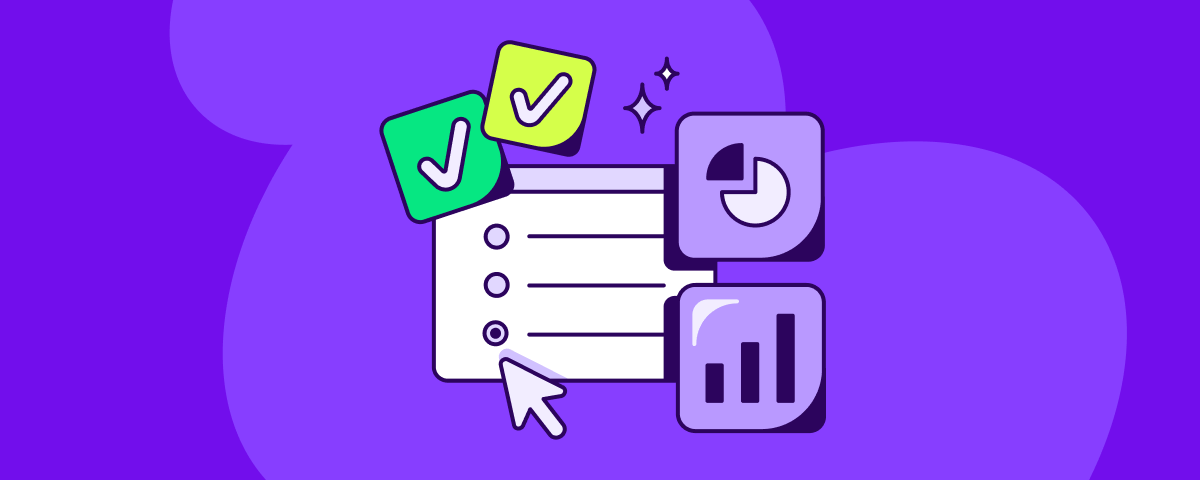 Illustration of a checklist with check marks, charts, and graphs on a purple background, symbolizing tasks and data analysis.