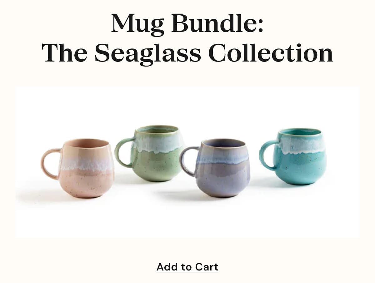 Mug bundle featuring four colorful mugs in seaglass tones.