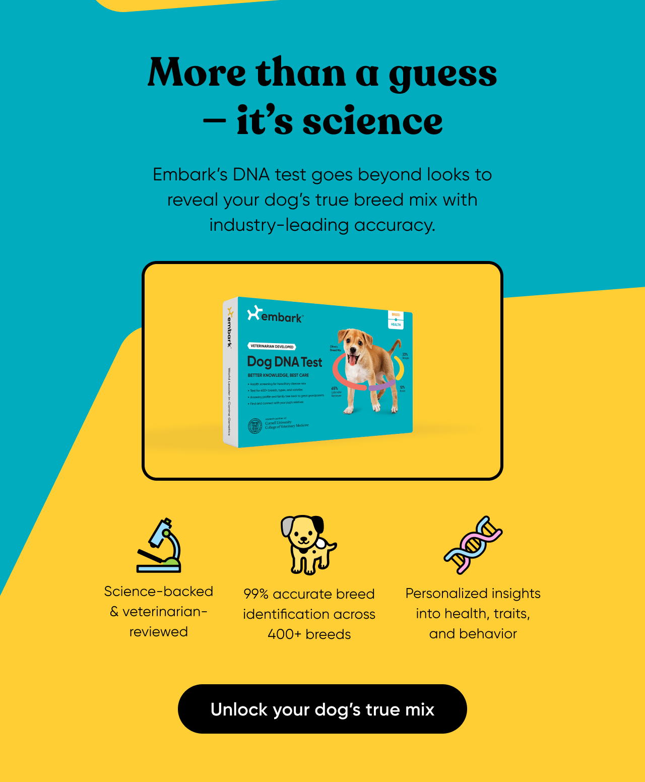 More than a guess—it's science. Embark's DNA test goes beyond looks to reveal your dog's tree breed mix wit industry-leading accuracy. Unlock your dog's true mix.