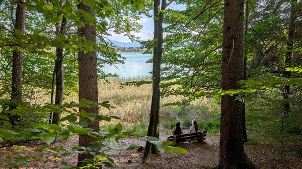 A couple with a dog sit on a bench by Lake Osterseen in Bavaria, Germany