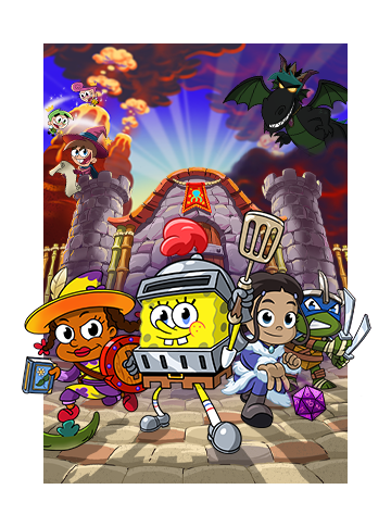Key art for Nicktoons & The Dice of Destiny featuring SpongeBob, Katara, Leonardo, and others standing in front of a castle.