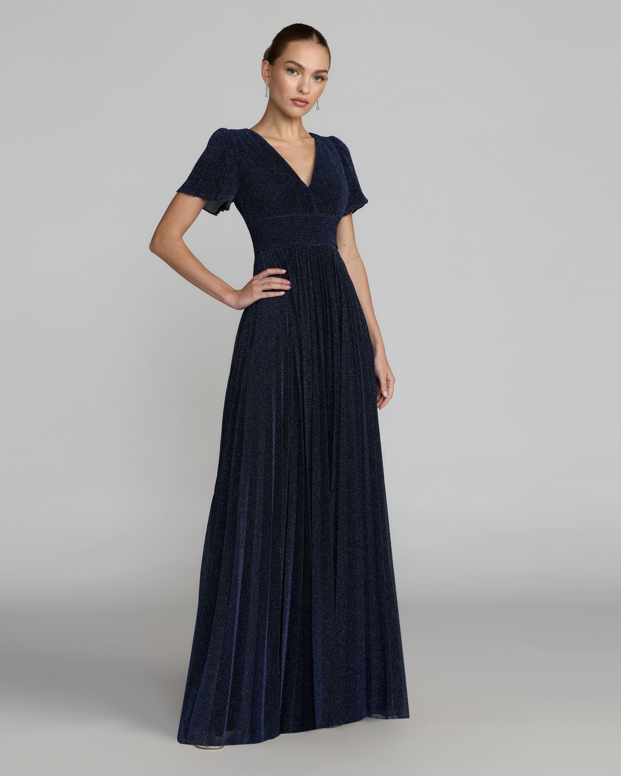 Image of Petite Navy Pleated Metallic Flutter Sleeve A Line Gown