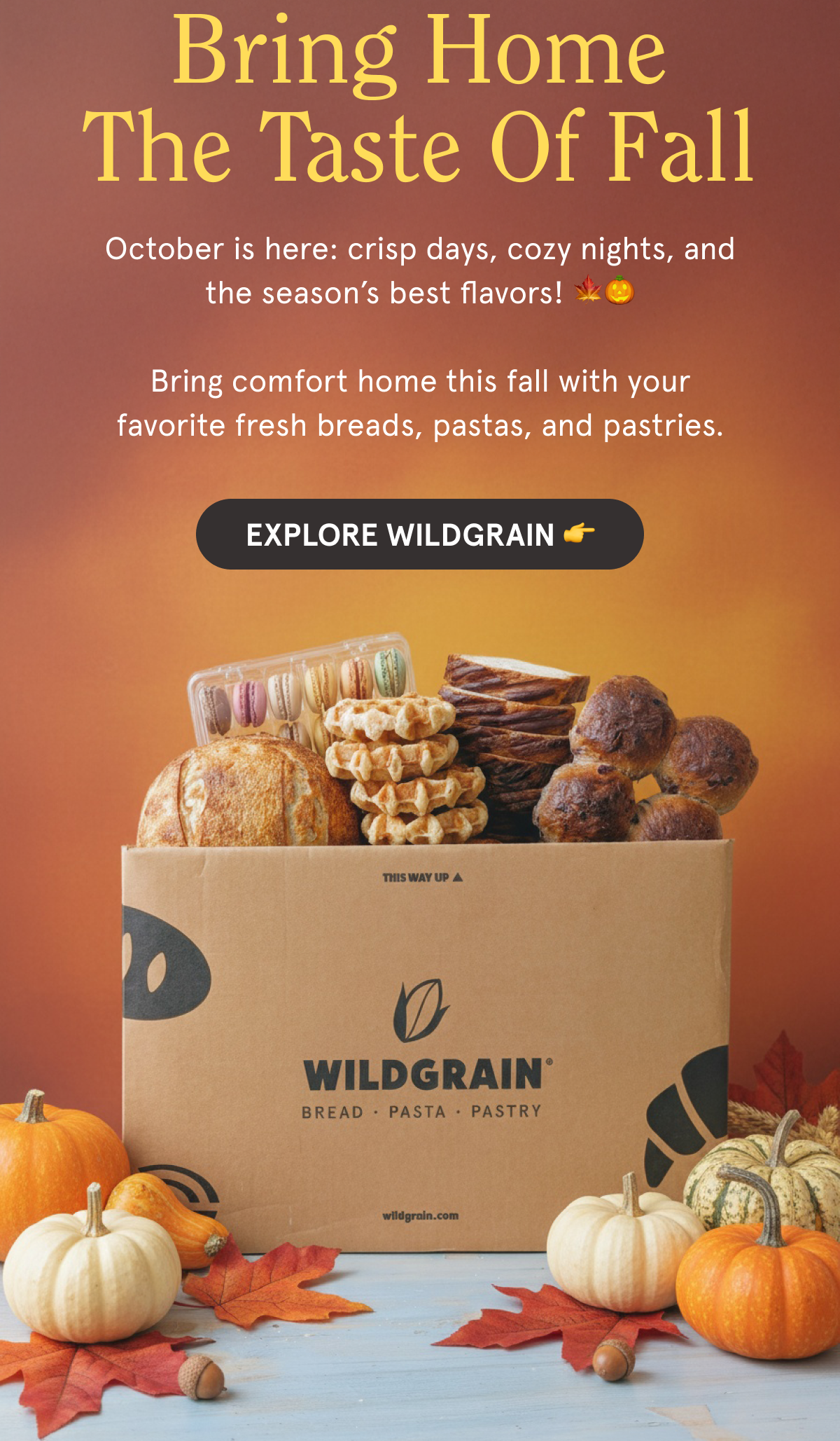 Bring Home The Taste Of Fall October is here: crisp days, cozy nights, and the season’s best flavors! 🍁🎃  Bring comfort home this fall with your favorite fresh breads, pastas, and pastries. EXPLORE WILDGRAIN 👉