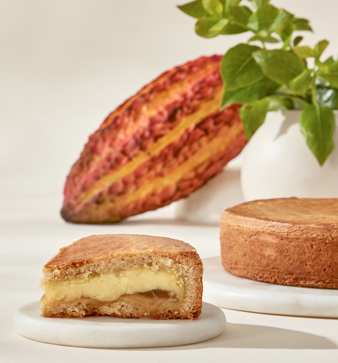 Our Cacao-Fruit Gâteau Basque. One slice is plated, showing layers of cacao-fruit jam and vanilla pastry cream.