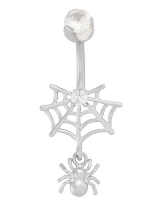 CZ Silver-Plated Spider Web Dangle Belly Ring - 14 Gauge
