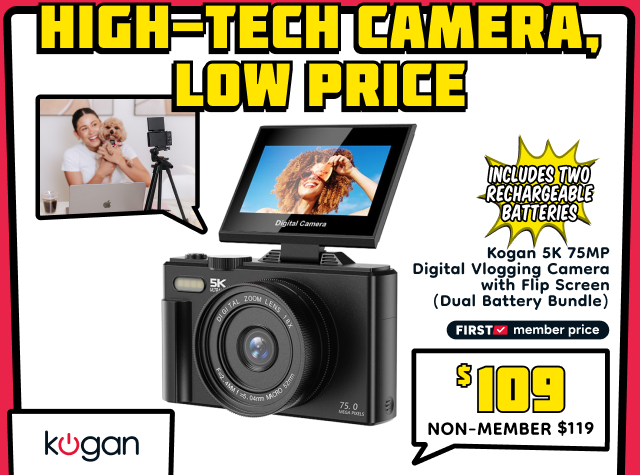Kogan 5K 75MP Digital Vlogging Camera with Flip Screen (Dual Battery Bundle)