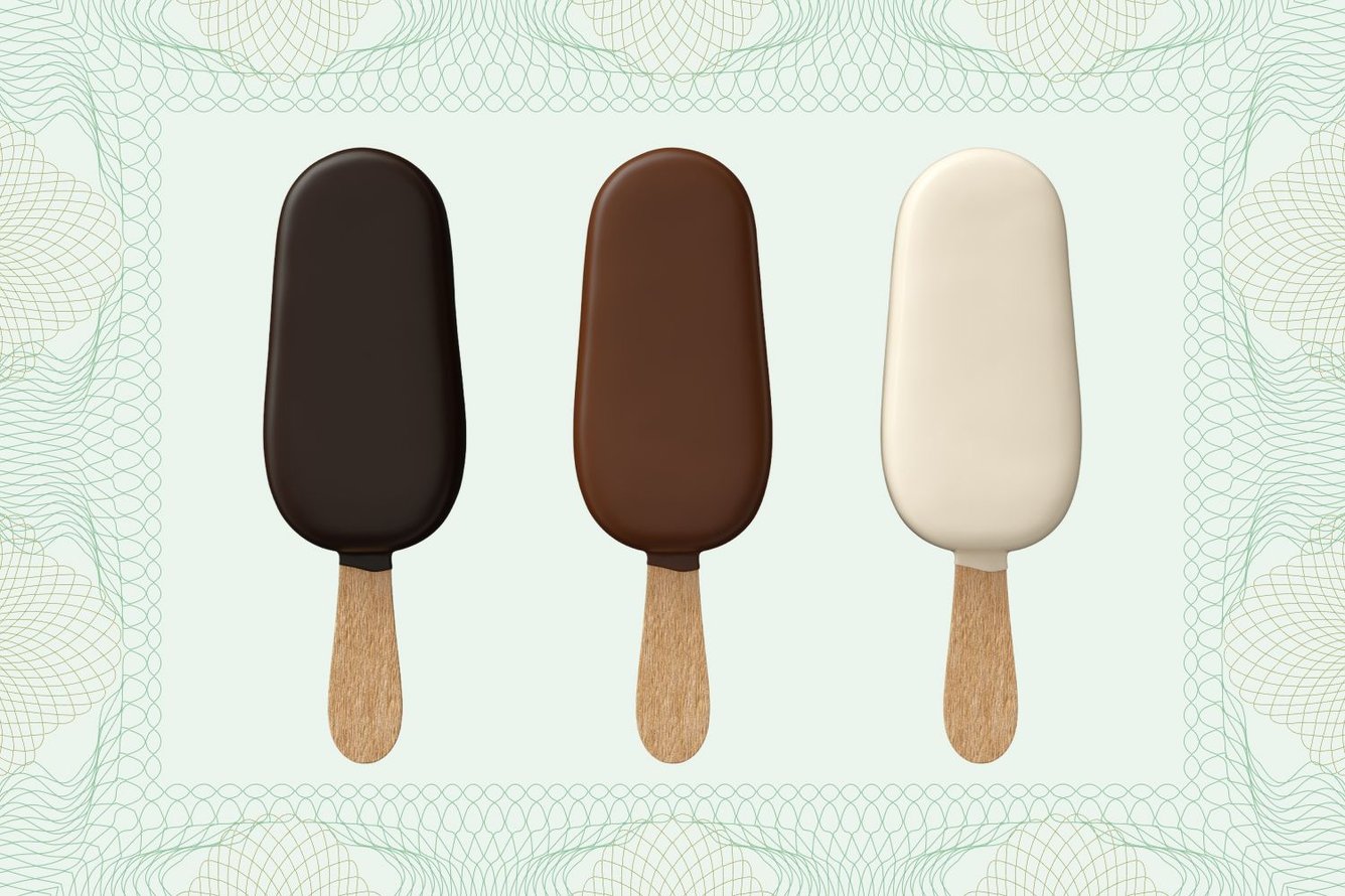 Photo collage showing three flavors of Magnum ice cream on a guilloche money background.