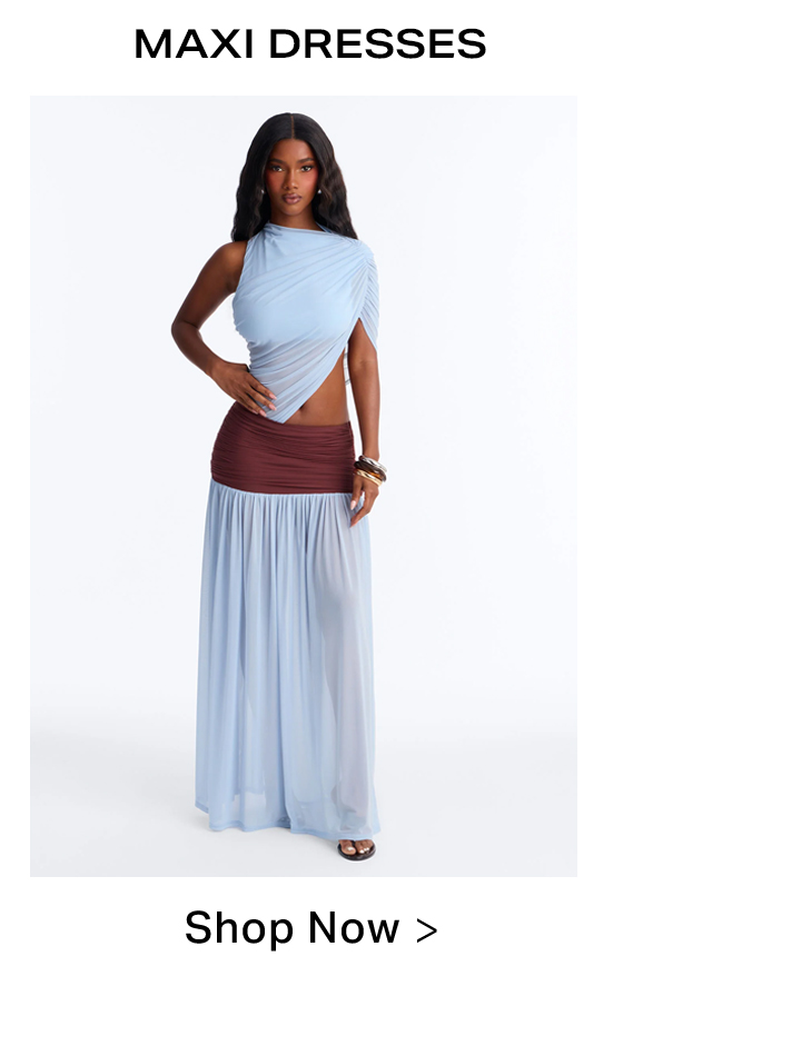 Model wearing a light blue draped maxi dress with a brown ruched midsection, highlighting our chic maxi dress collection.