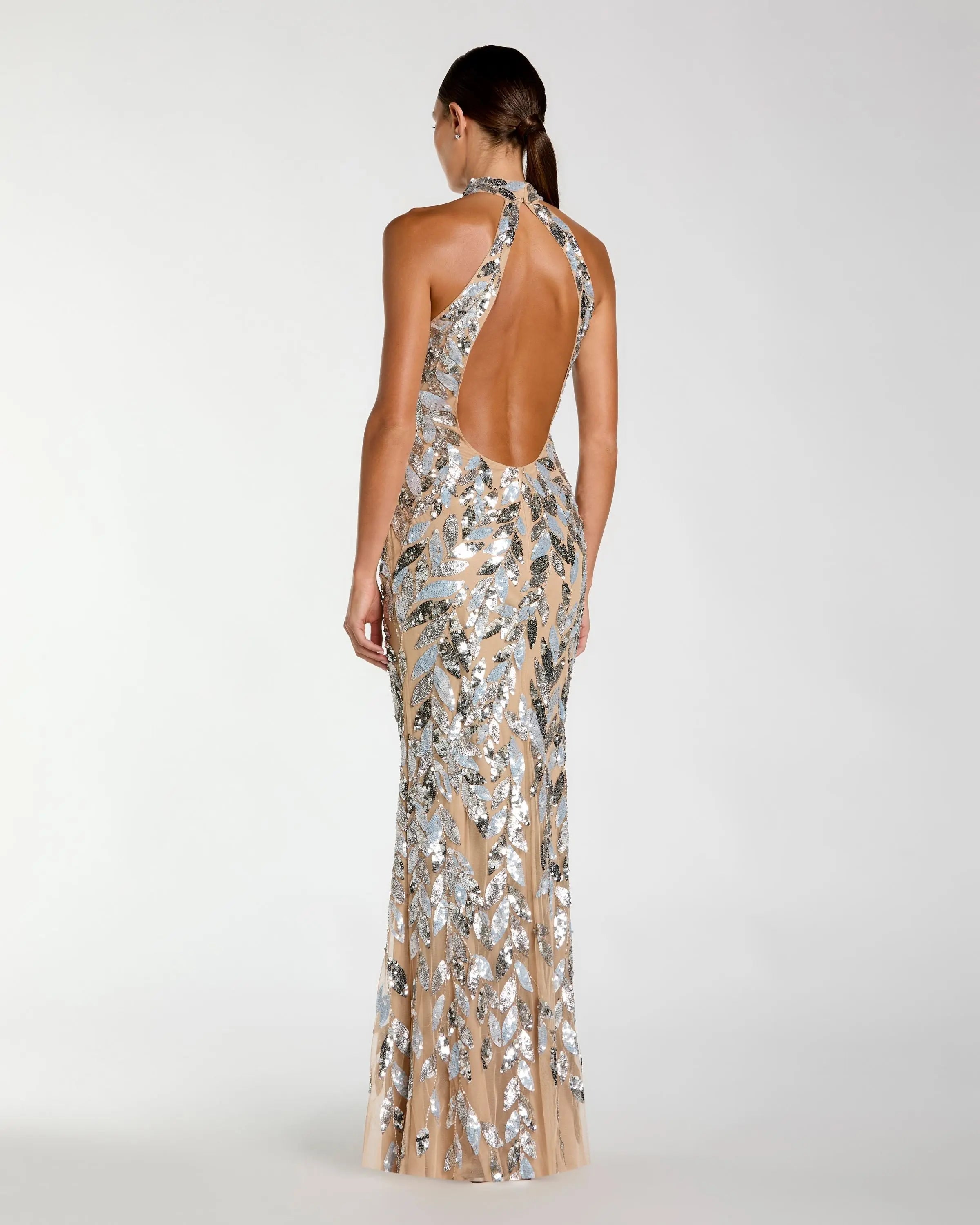 Image of Silver Sequin Halter Backless Column Gown