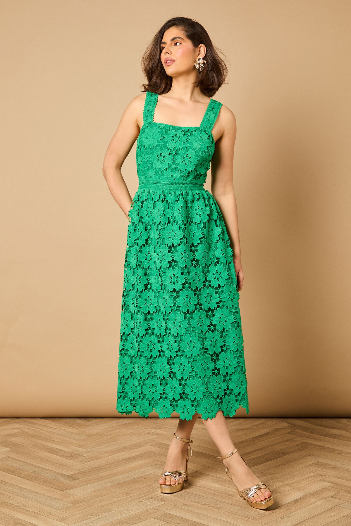 Floral Lace Detail Square Neck Midi Dress