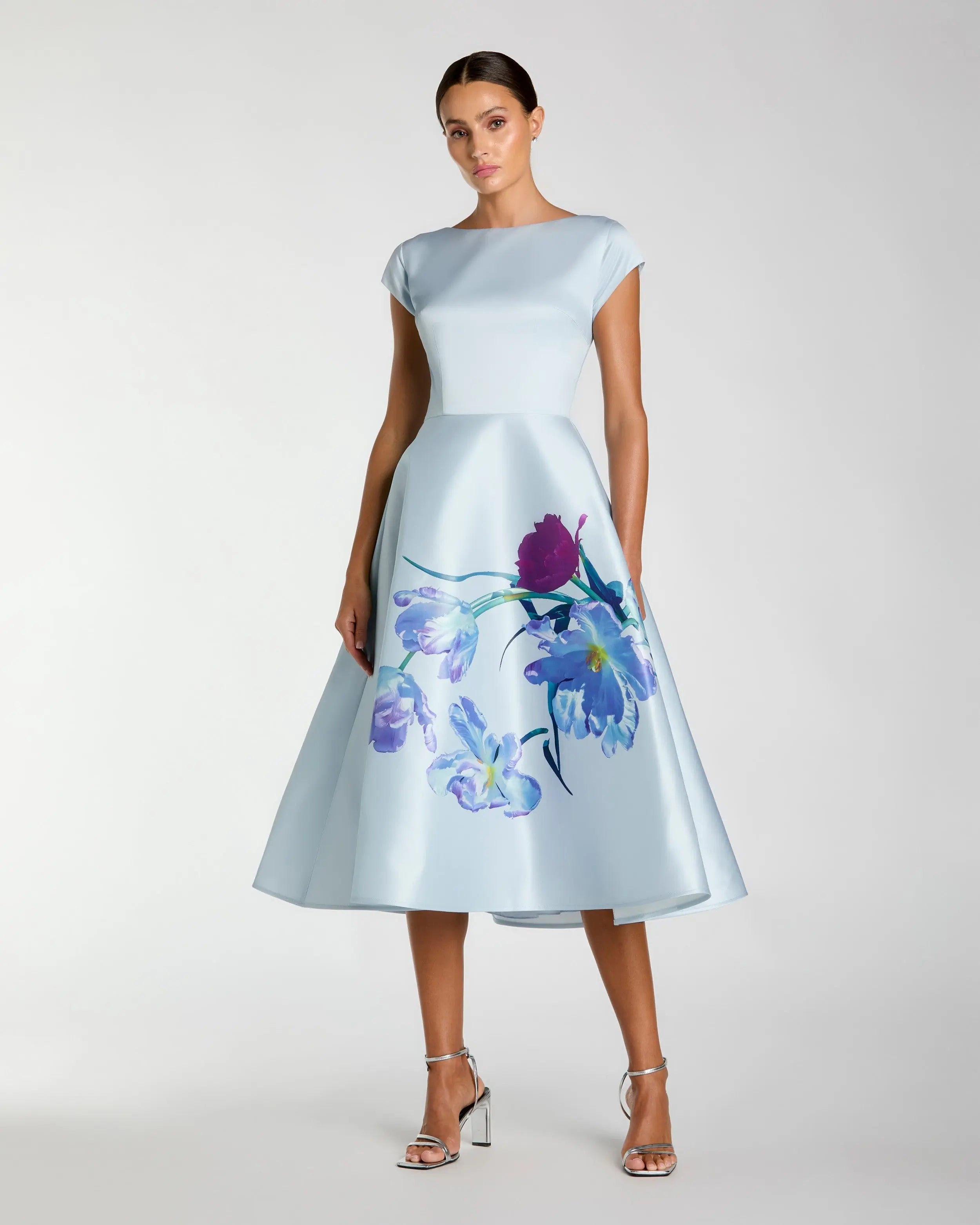 Image of Blue Satin Cap Sleeve Midi Dress With Floral Print