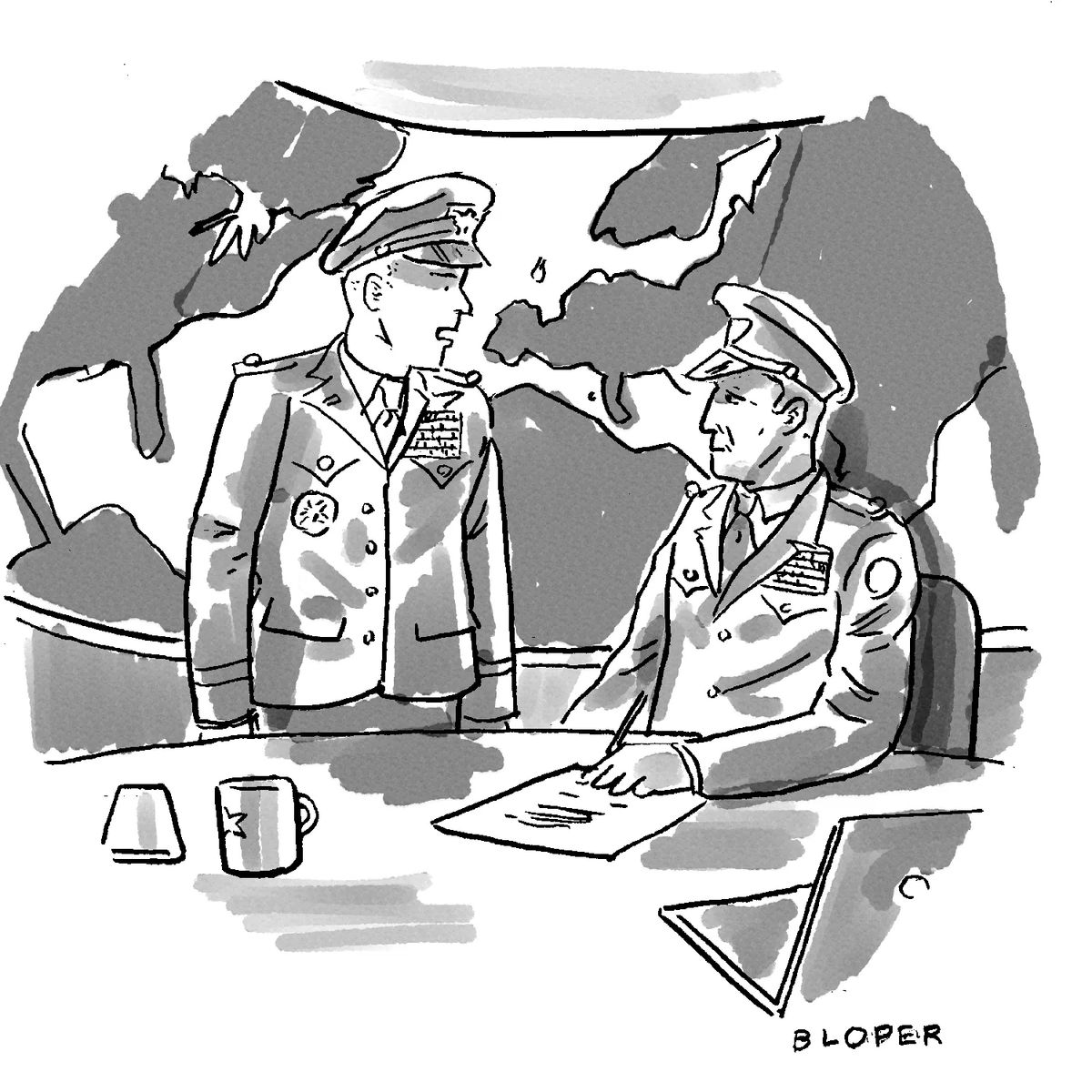 Cartoon showing two military officers talking.