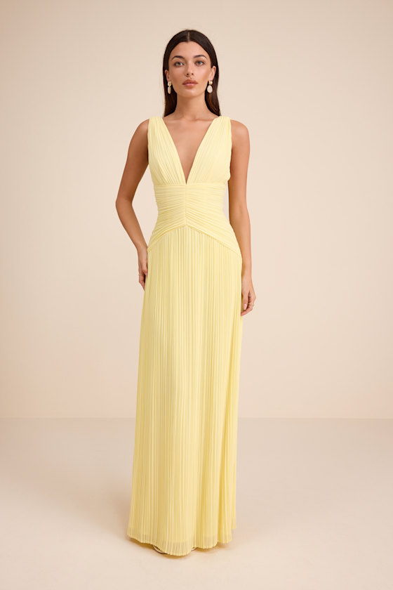 Image of Kelina Light Yellow Pleated Drop Waist Maxi Dress