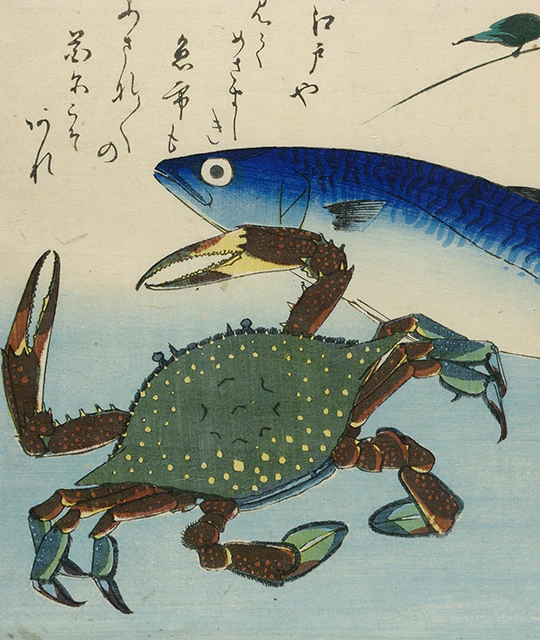 Coloured woodblock print of a crab and fish. 