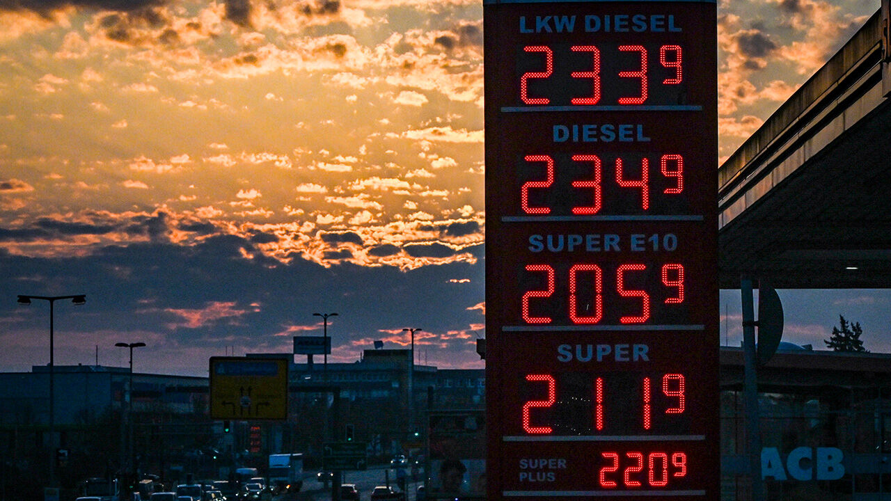 A petrol station in Berlin displays current prices