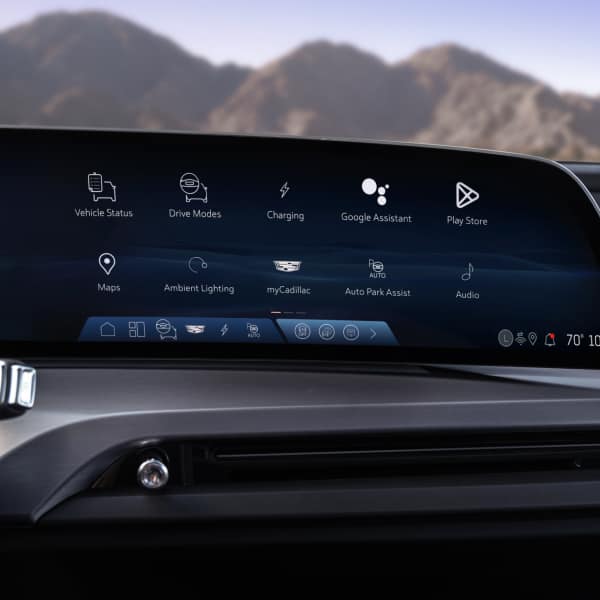 Close-up shot of the 2025 Cadillac VISTIQ’s infotainment screen featuring the dashboard design.