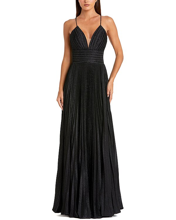 Mac Duggal Shimmer Pleated V-Neck Gown