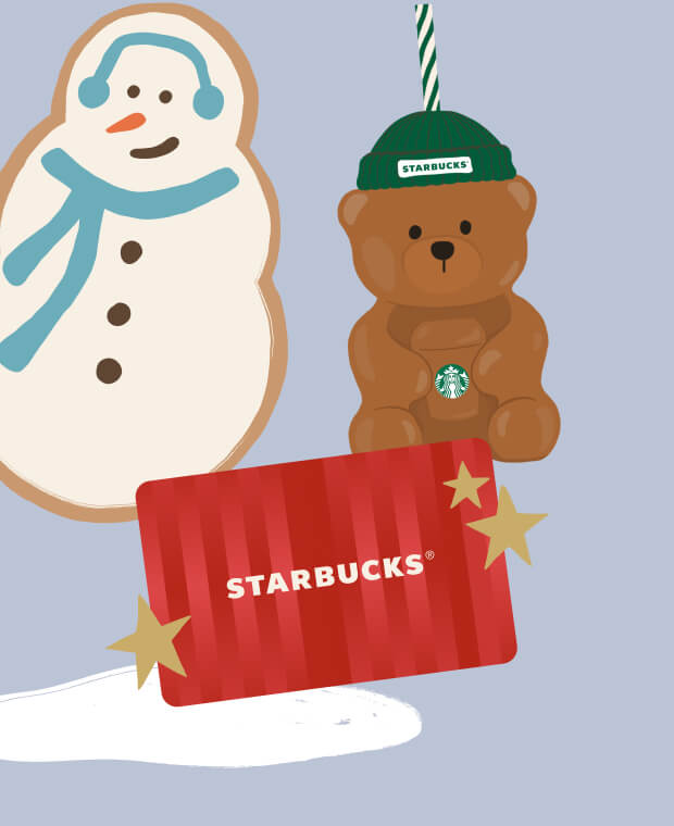 Illustration of a snowman-shaped cookie, a bear-shaped tumbler with a straw, and a Starbucks gift card next to a pile of snow.