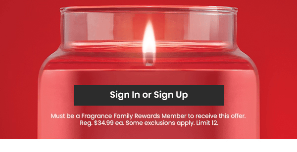 Text on a red candle image says sign in or sign up. Includes offer details and terms for rewards members.