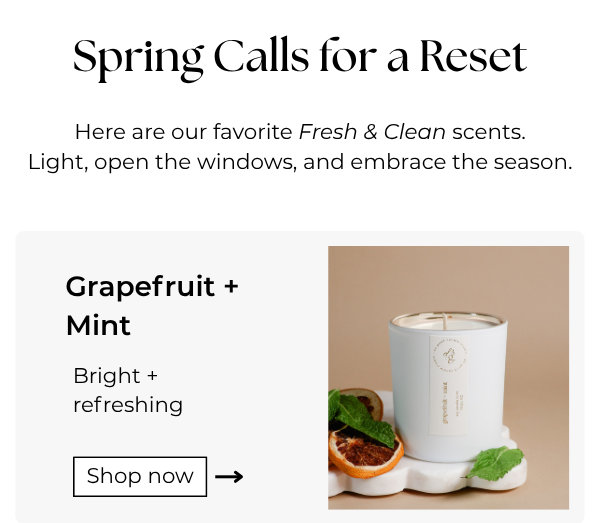 Fresh + Clean:  image of Grapefruit + Mint candle, name, and brief product description