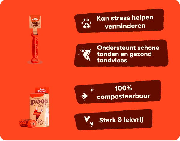 Voordelen dental bone: ondersteunt schone tanden en kan stress helpen verminderen. De poepzakjes zijn sterk & lekvrij.