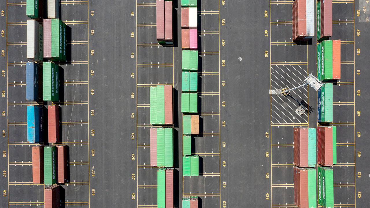 An aeria; view of containers at the Port of Oakland, California