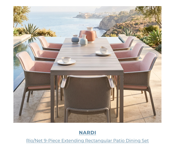 Nardi Rio Net 9-Piece Extending Dining Set with pink chairs by an infinity pool