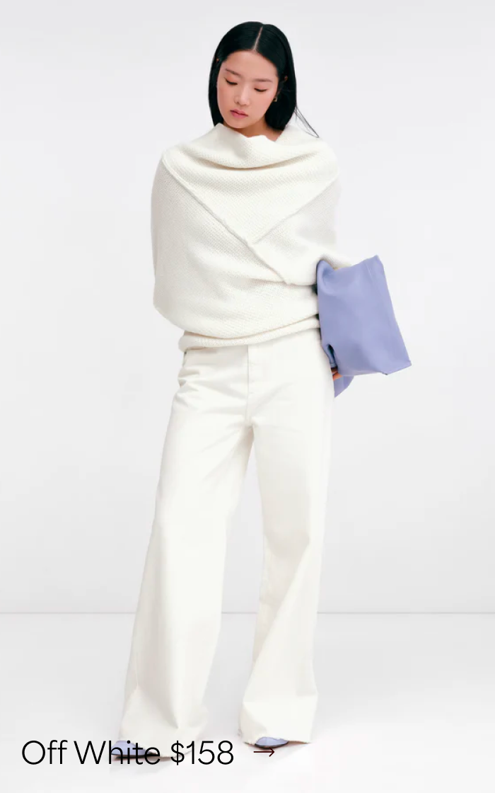 Xun wears the off-white Palmer Long Sleeve Top with wide-leg white pants and a lavender clutch, priced at $158 →.
