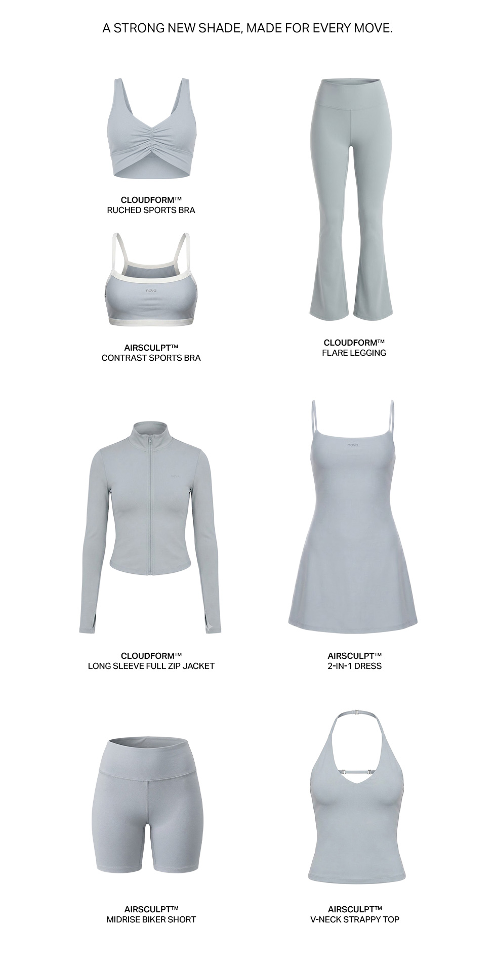 Light blue activewear collection featuring versatile sports bras, leggings, jacket, dress, shorts, and tops. New shade for every move.