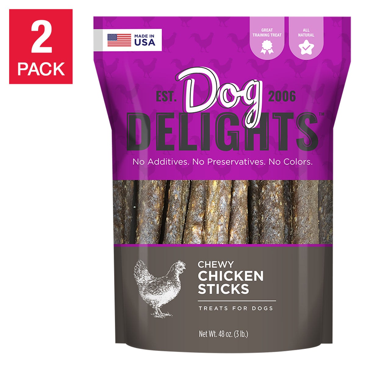 Dog Delights Chewy Chicken Sticks 48 oz, 2-Pack