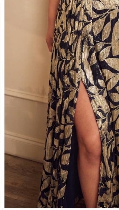 Plus Size Foil Leaf Short Sleeve Gown With Draped Details In Navy Gold