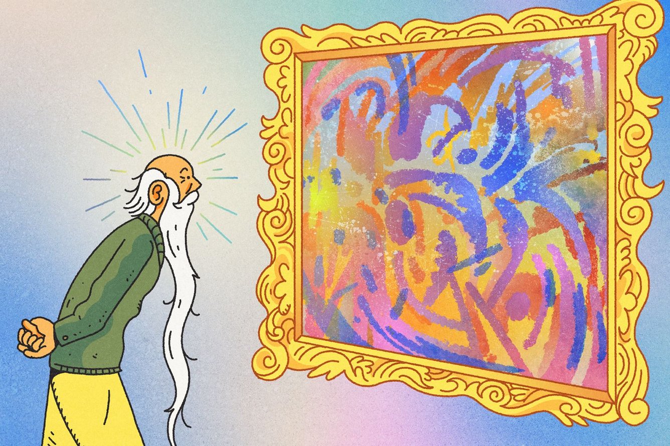 An old man with a long white beard looking at a painting