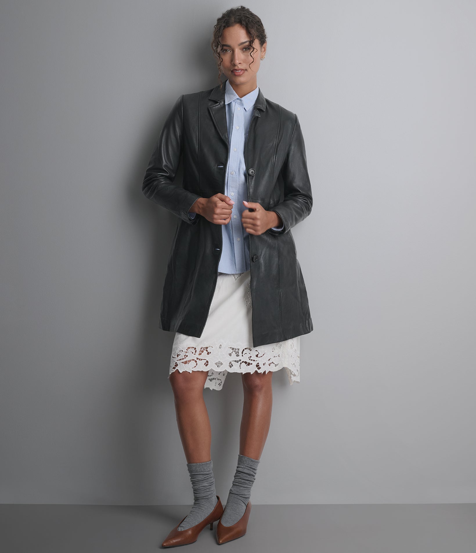 Image of Nora Button Down Leather Trench Coat