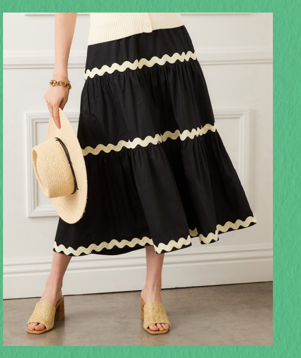 Ric-Rac Trim Tiered Midi Skirt