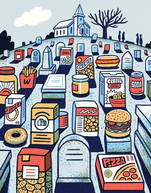 Packaged foods acting as gravestones.