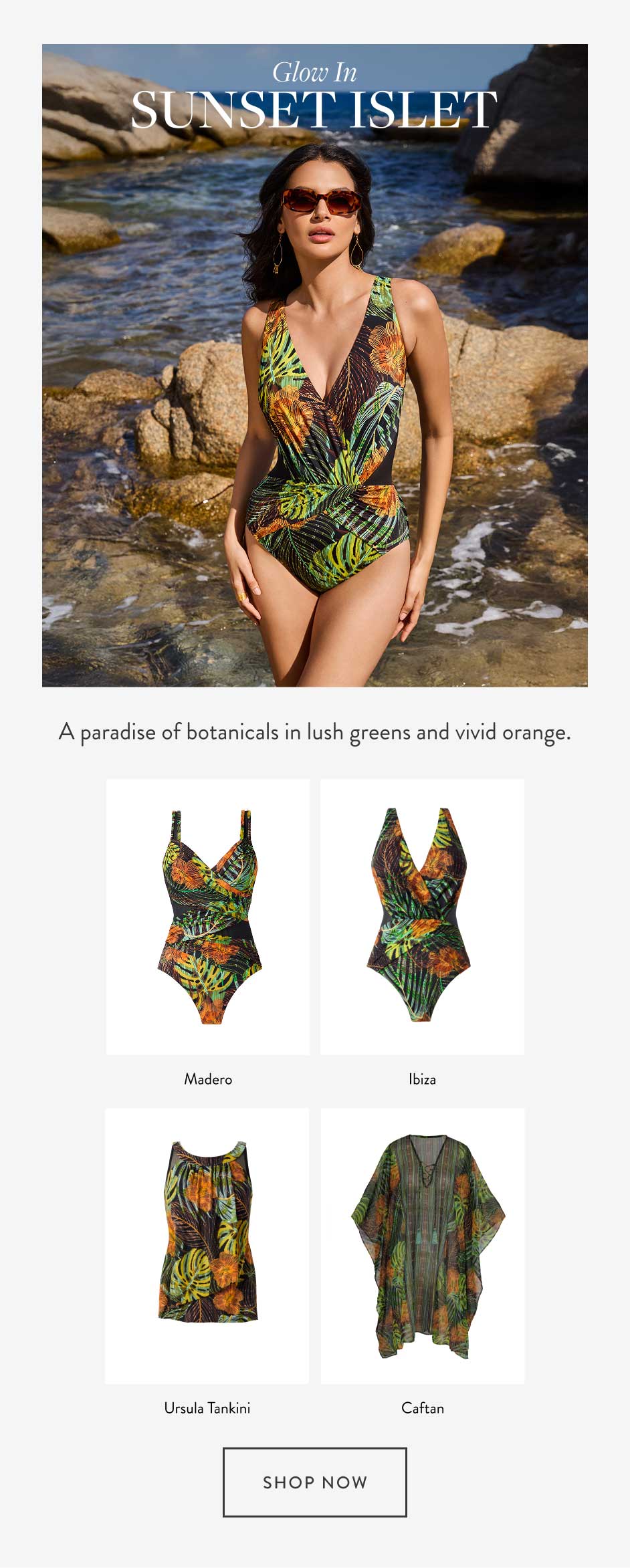 Sunset Islet Glow in A paradise of botanicals in lush greens and vivid orange. Madero Ibiza Ursula Tankini Caftan shop now