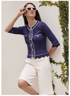 Navy Ribbed Cardigan With White Border, Scalloped Sleeves and Crystal Buttons
