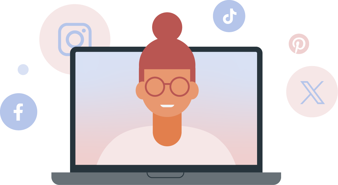 Illustration of a person on a laptop screen surrounded by social media icons, including Facebook, Instagram, TikTok, Pinterest and X