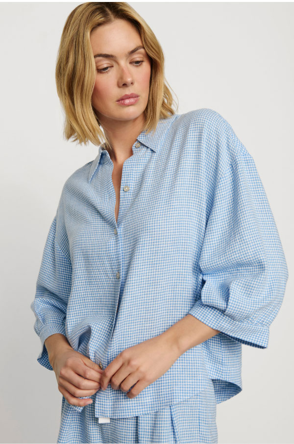 Linen Blend Relaxed Top Gingham White/Summer Blue