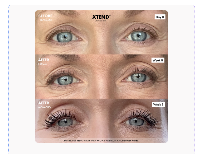 XTEND Lash Serum before and after results showing lash transformation - Day 0 before treatment, Week 8 after serum, and Week 8 after mascara showing longer, fuller-looking lashes