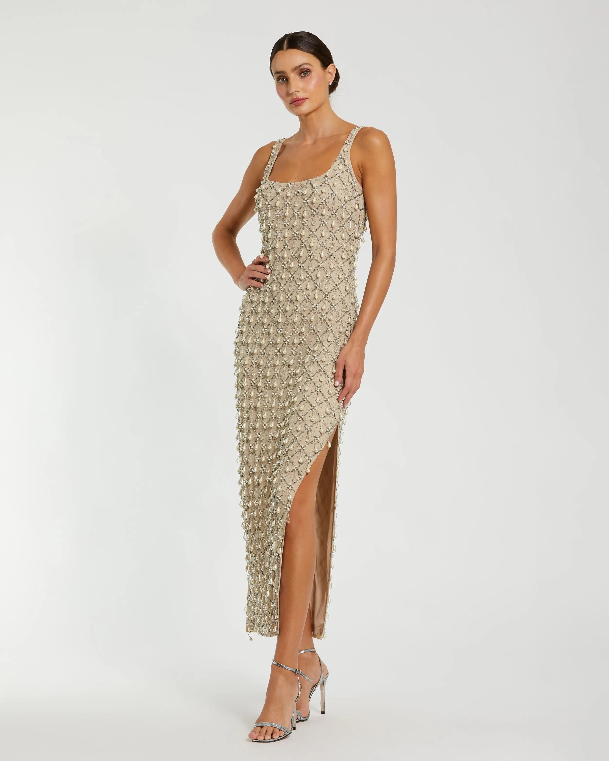 Image of Beige Pearl Embellished Scoop Neck Midi Dress