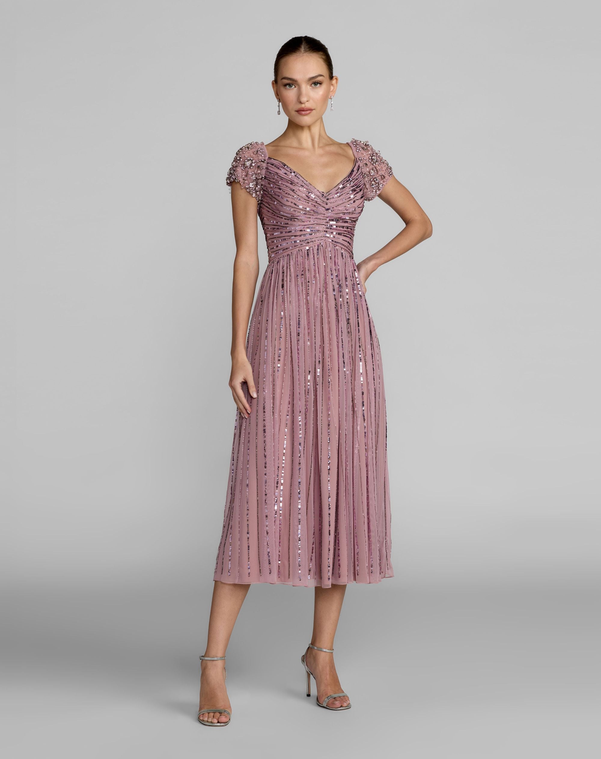 Image of Purple Embellished Cap Sleeve Midi Dress