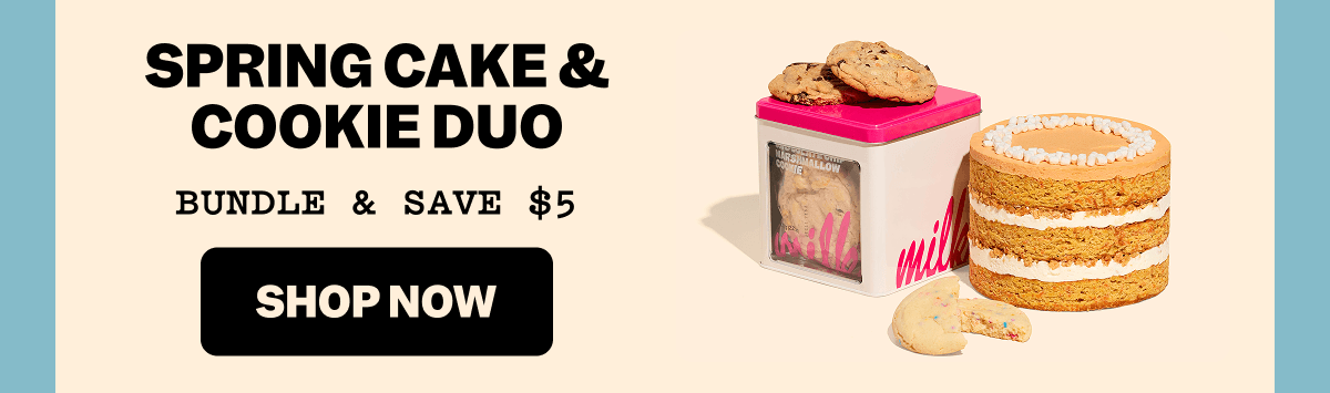 Carrot layer cake and cookie tin on a cream-colored background. Text reads: SPRING CAKE & COOKIE DUO. BUNDLE & SAVE $5. Black button with cream-colored text: SHOP NOW.